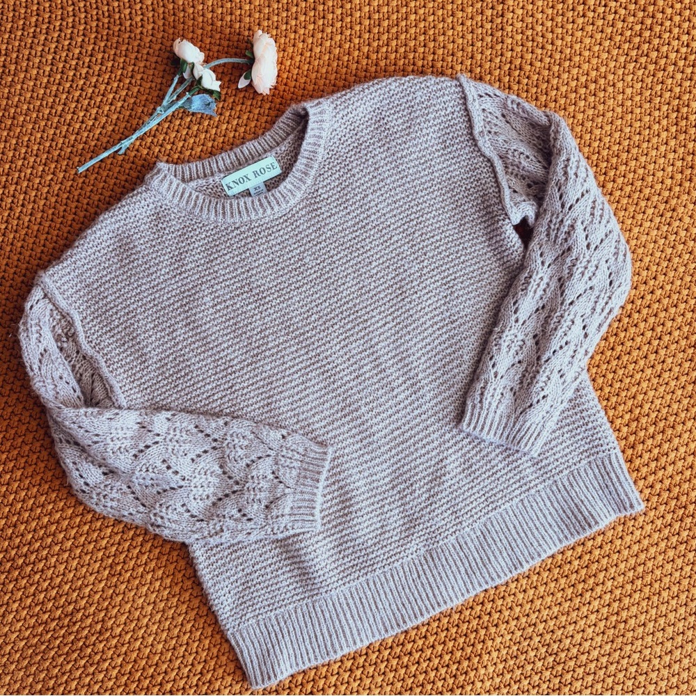 Knox Rose Pink Knit Sweater XS Textured Lace Sleeve Cozy Boho Pullover